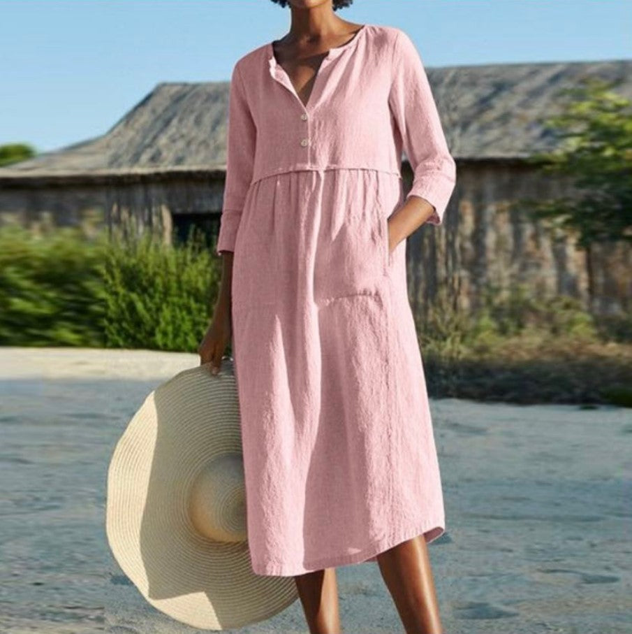 Plus size half sleeve linen cotton dress