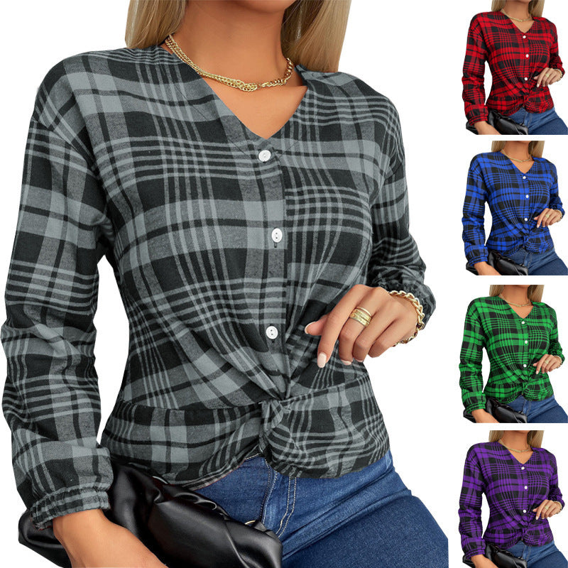 Women's V-Neck Plaid Long Sleeve Top Shirt