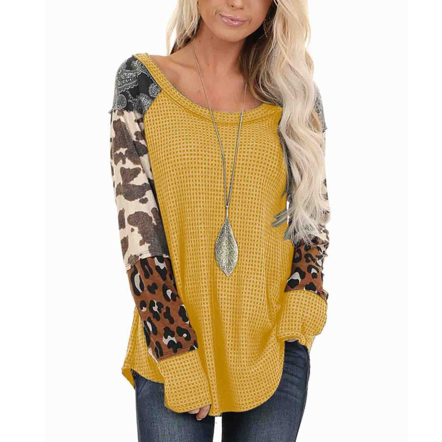 Women's Printed Patchwork Pullover Round Neck Long Sleeve T-Shirt Top