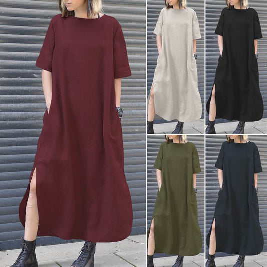 Dress Cotton Linen Solid Color Round Neck Small Incense Wind Irregular Skirt