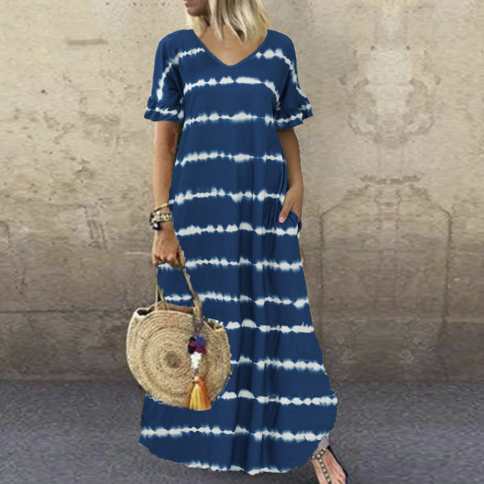 Women's Ruffle Sleeve Striped Print Long Dress Plus Size Casual Skirt