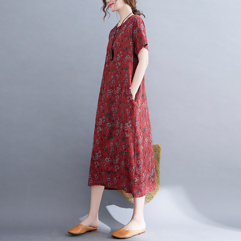 Literary Loose Cotton And Hemp Printed Round Neck Short-sleeved Dress For Women