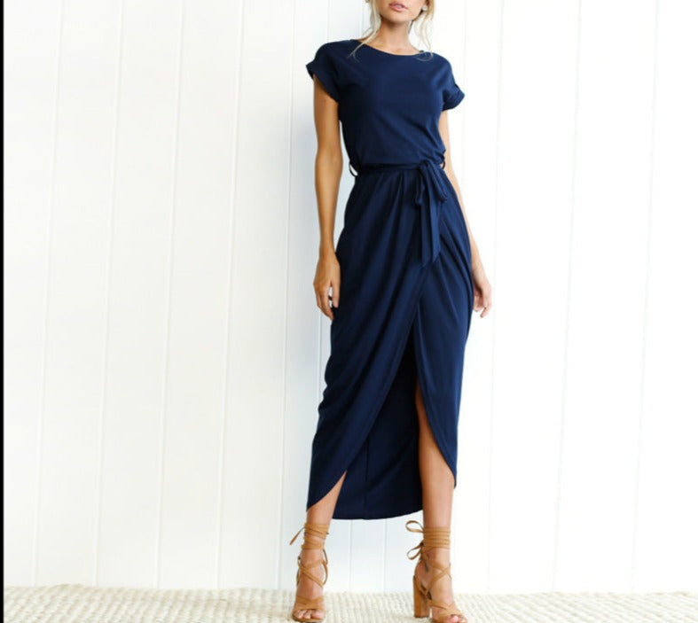 Irregular Short-Sleeved Slim Dress with Front Split