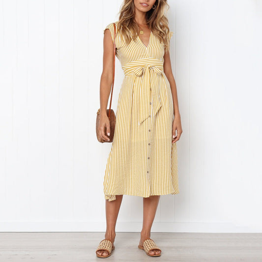 Striped Lace-Up Dress with Button Accents for Women