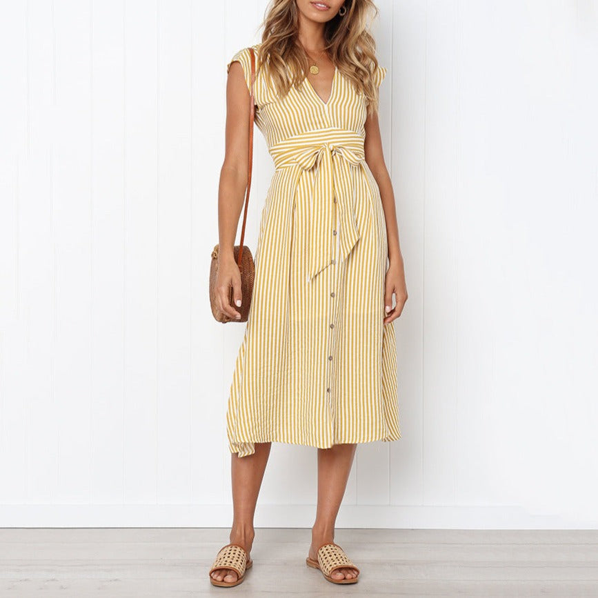 Striped Lace-Up Dress with Button Accents for Women