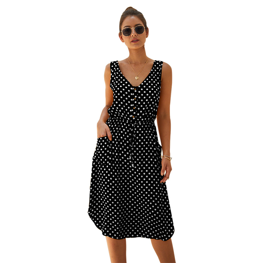 Sleeveless Polka Dot Dress with Side Slit, Button Closure, and Drawstring