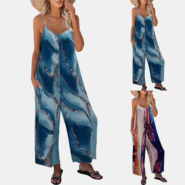 Women's Printed Suspender Pocket Casual Wide Leg Jumpsuit