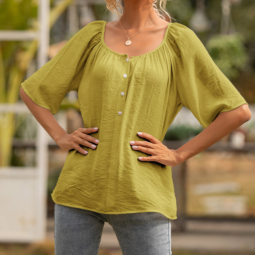 Women's Loose Short Sleeve Shirt with Square Collar and Buttons