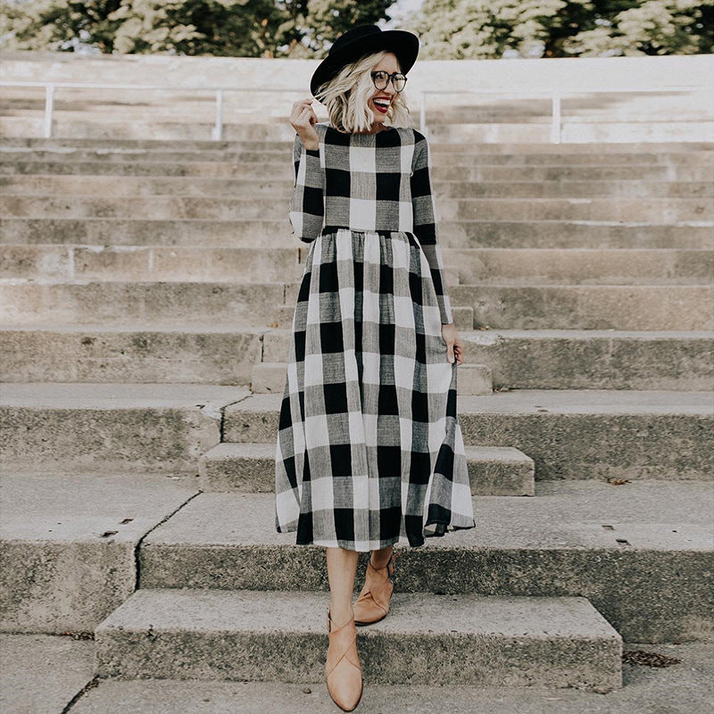 Checkered Women's Dress with a Round Neck