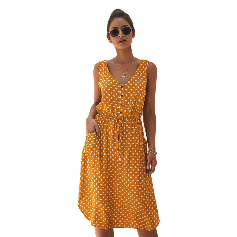 Sleeveless Polka Dot Dress with Side Slit, Button Closure, and Drawstring