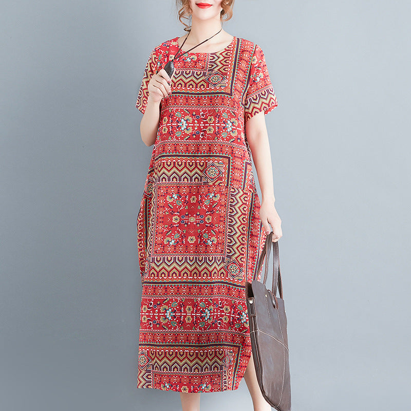 Women's Literary Retro Loose Print Ethnic Style Dress: New Arrival