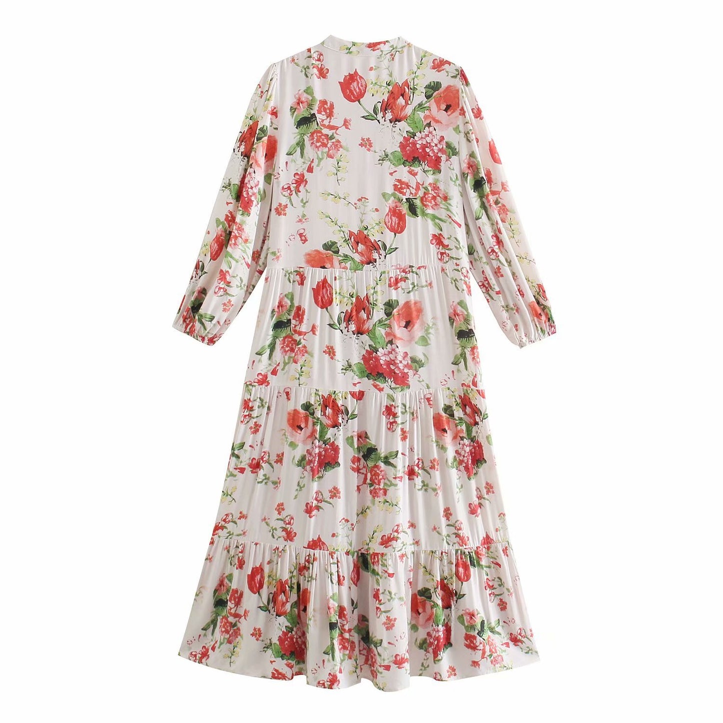 Single-Breasted Dress with Long Sleeves and Floral Print for Women