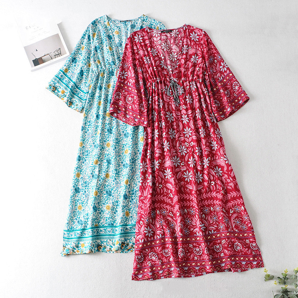 Summer New Style Printed Dress with Waist Drawstring - A Long Skirt for Women