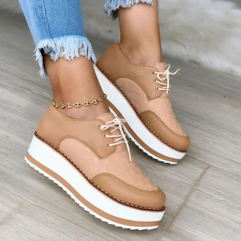 Lace-up Shoes Thick Bottom Checkerboard Design Flats Shoes Women