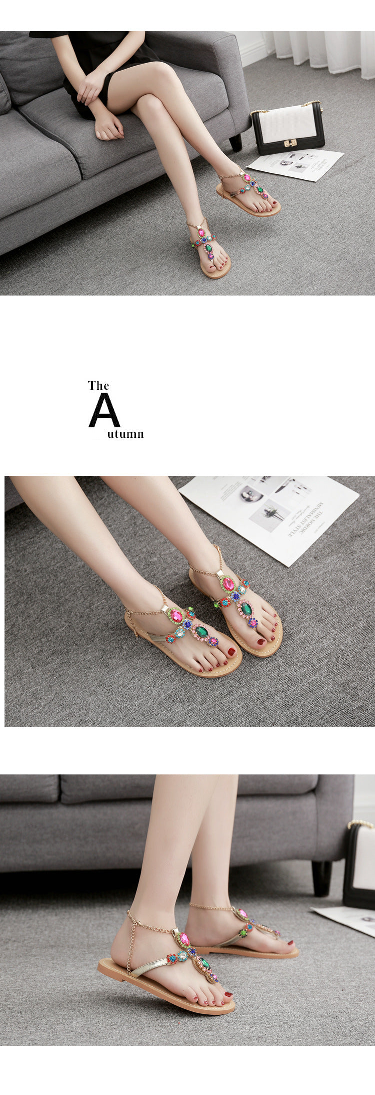 Slippers Flip Toe Rhinestone Flats