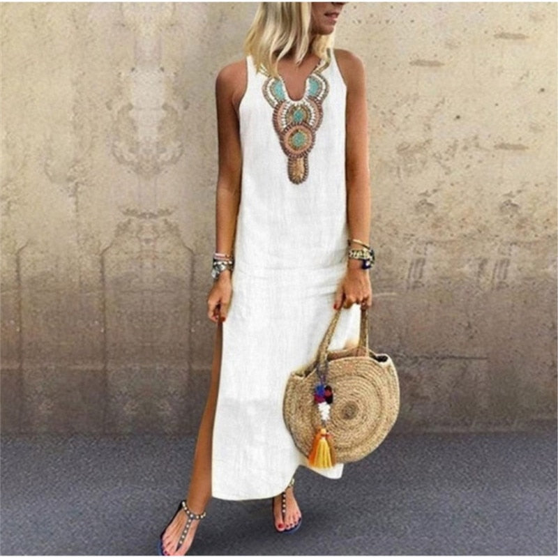 Cotton and Linen Split Dress with a V-Neck