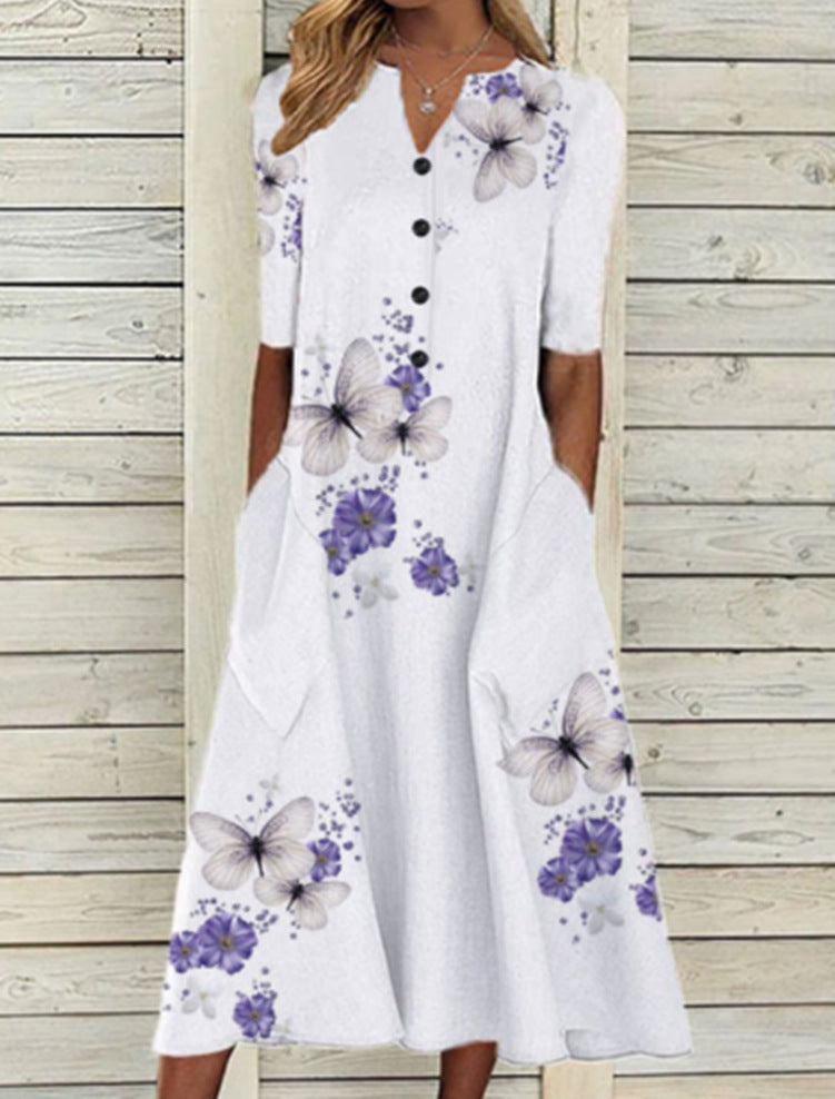 Printed Pocket V-Neck Loose Casual Long Dress for Women