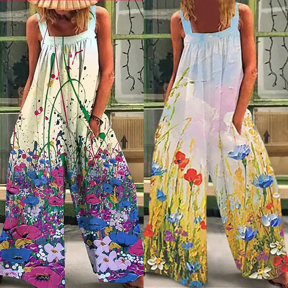 Women's Sleeveless Printed Sling Loose Casual Jumpsuit