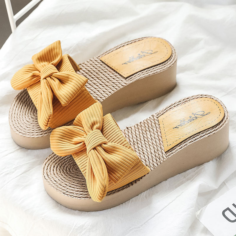 Summer New Bow Straw Woven Linen Bottom Women's Sandals Leisure Sandals High Heel Beach Fashion Wedge Slippers