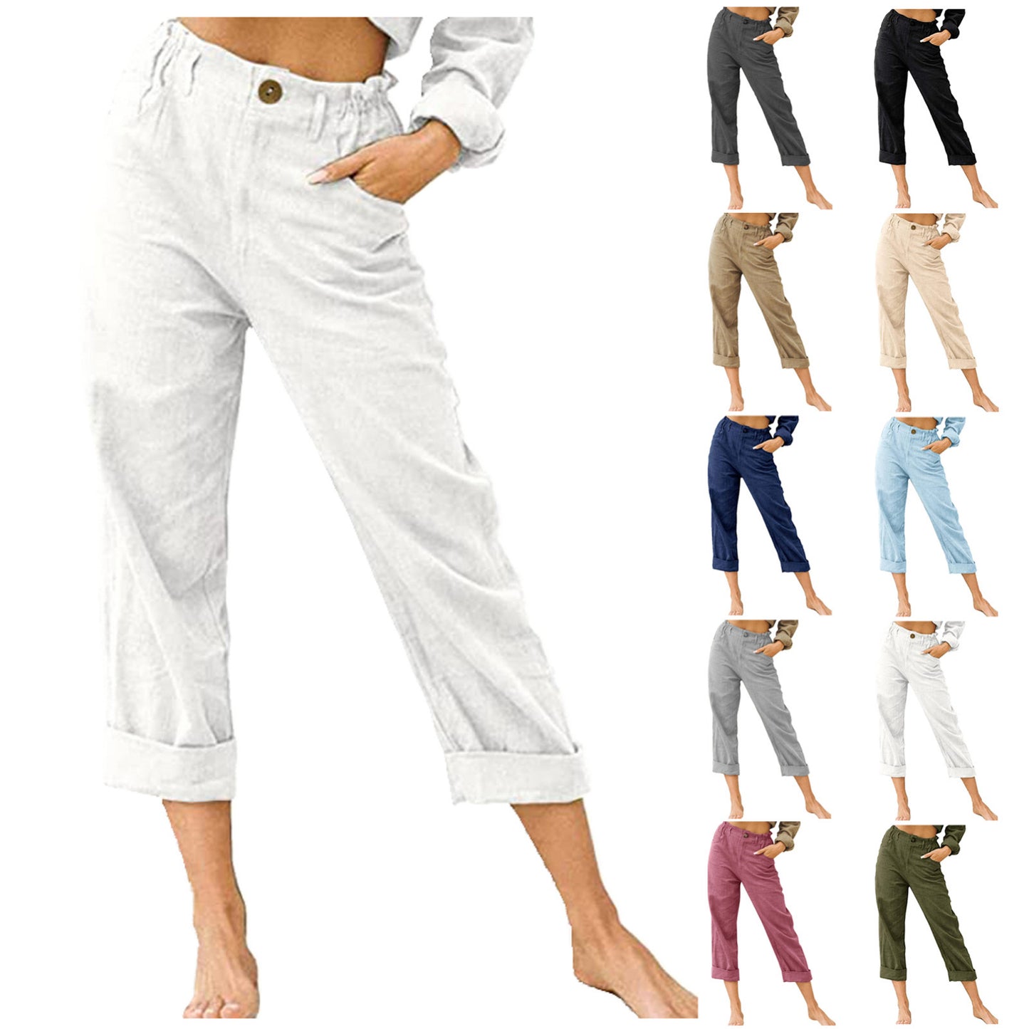 Women's Cotton Linen Patchwork Pants with Drawstring Waist and Loose Casual Fit