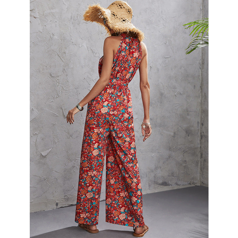 Women's Fashion Casual Hanging Neck Sleeveless Waist Wide-Legged Jumpsuit