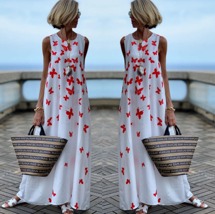 Casual Butterfly Print Sleeveless Dress