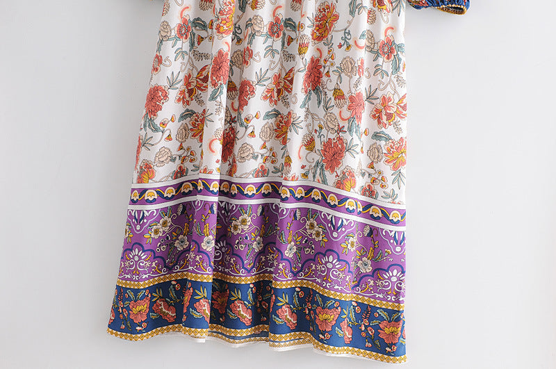 Vacation-Style Lantern Sleeve Dress with Positioning Print, Perfect for Travel