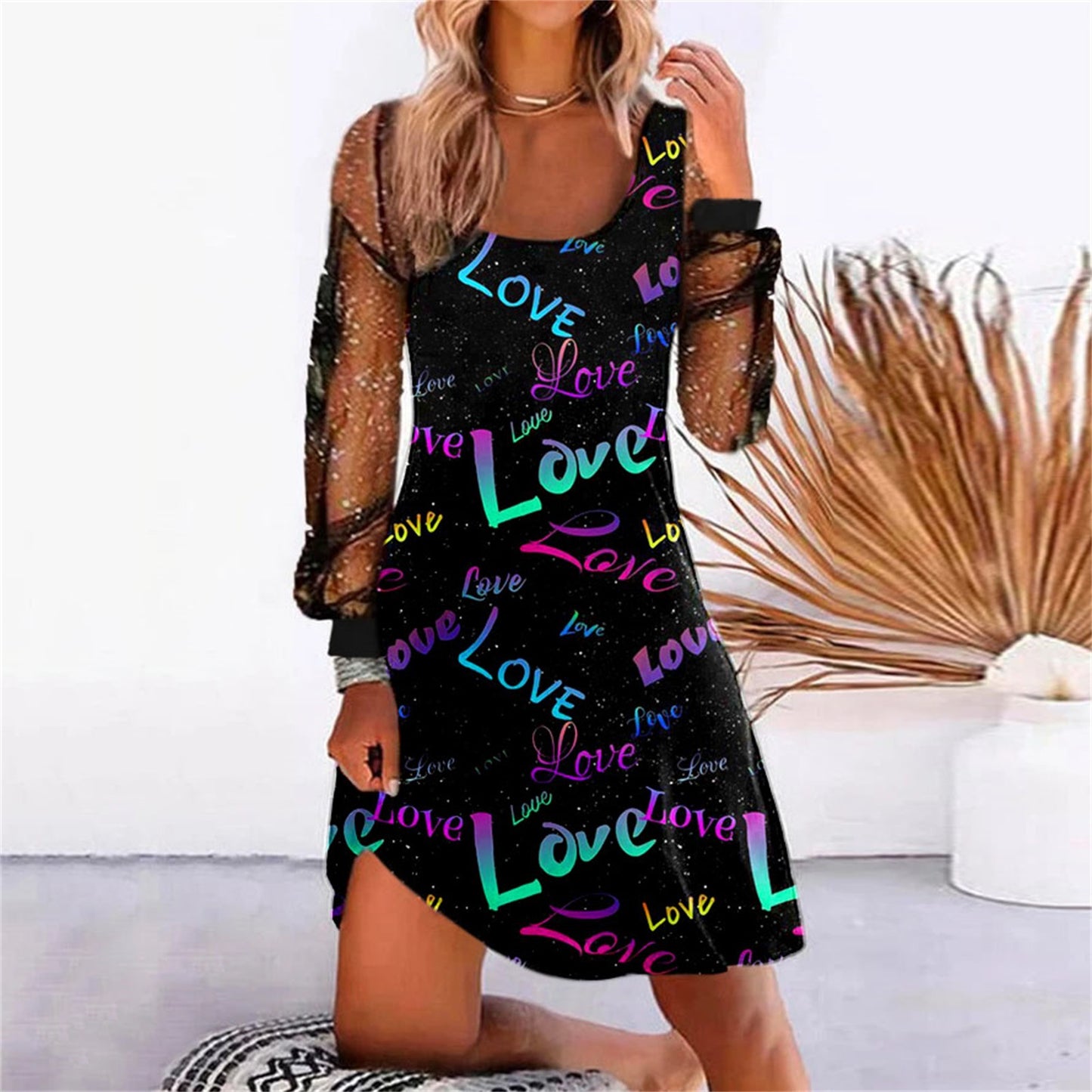 Women's New Printed Panel Mesh Dress