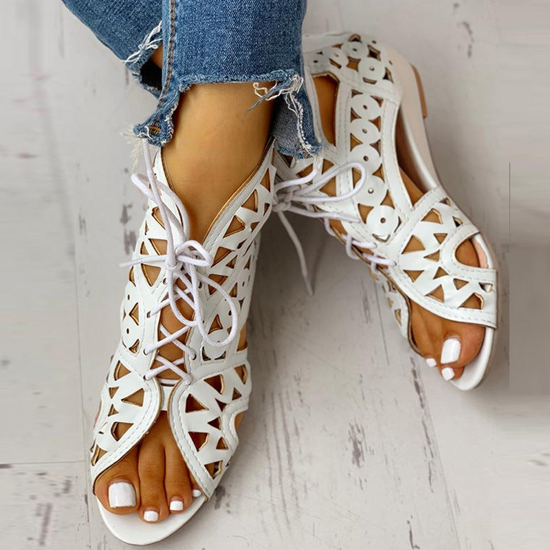 Lace-Up Front Fish Mouth Cutout Low Wedge Back Zip Ladies Sandals