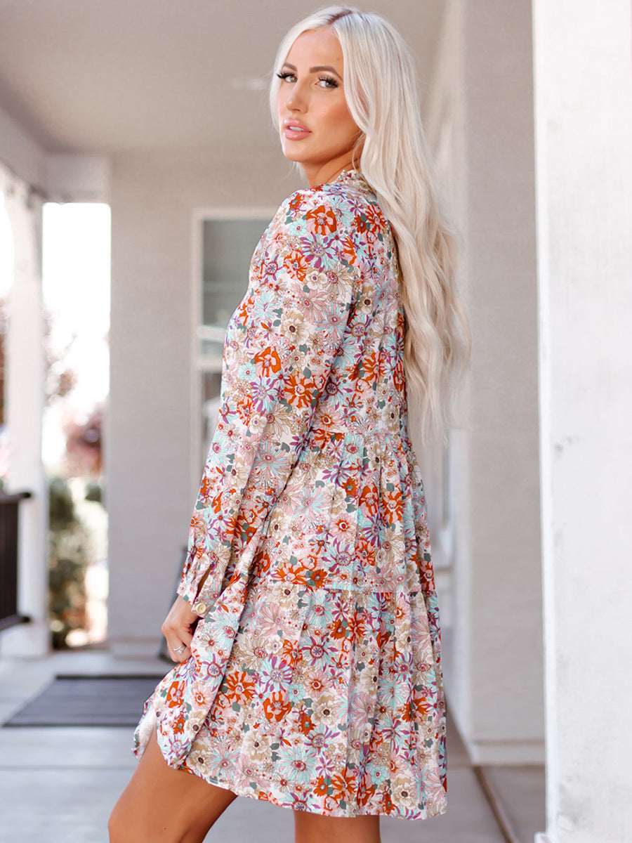 Women's Floral Long Sleeve Dress V Neck