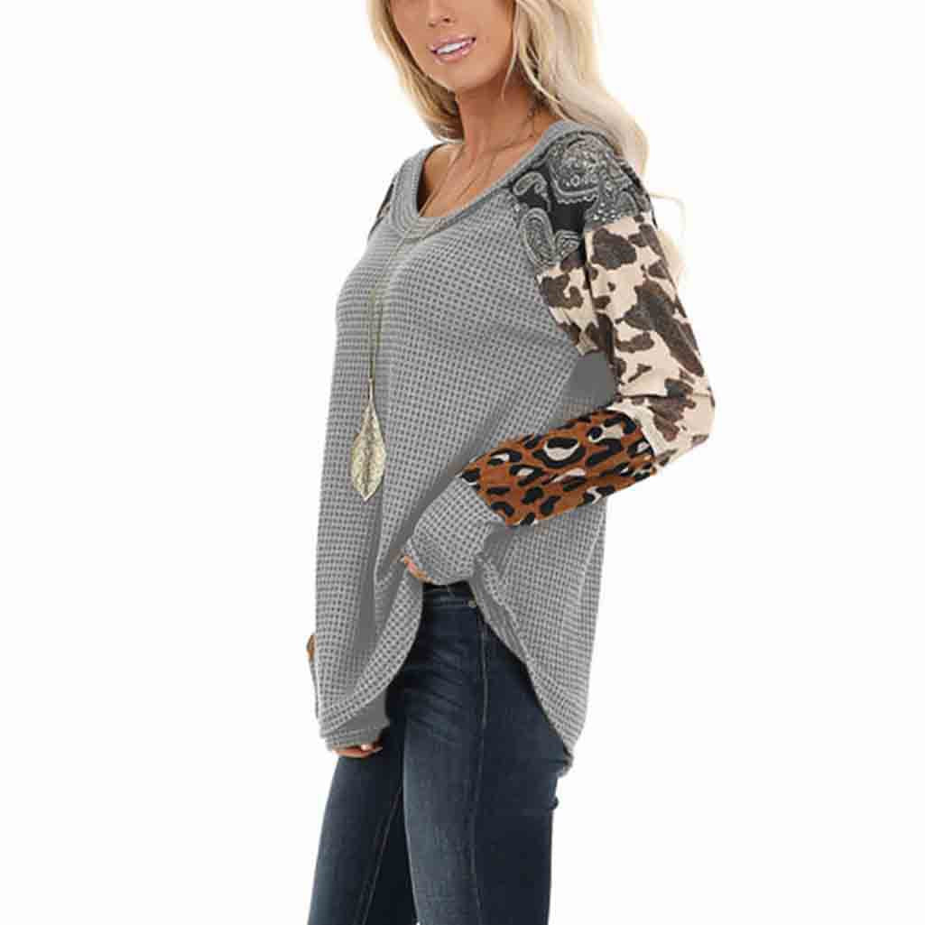 Women's Printed Patchwork Pullover Round Neck Long Sleeve T-Shirt Top