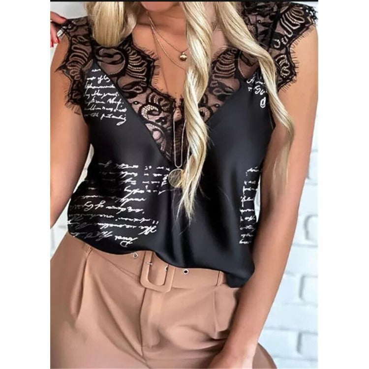 New V-neck Camisole Bottoming Shirt with Lace Print Top