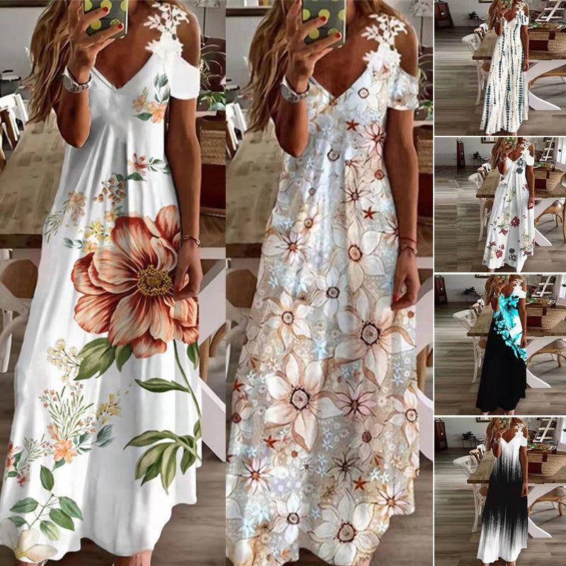 Women's Summer New Lace Sling V-neck Fashion Printed Loose Dress