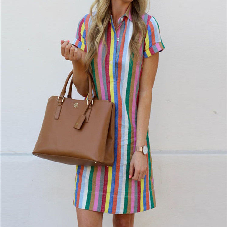 Women's Commuting Striped Lapel Dress