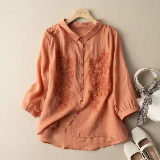 Women's Retro Three Quarter Sleeve Solid Color Cotton Linen Top Shirt