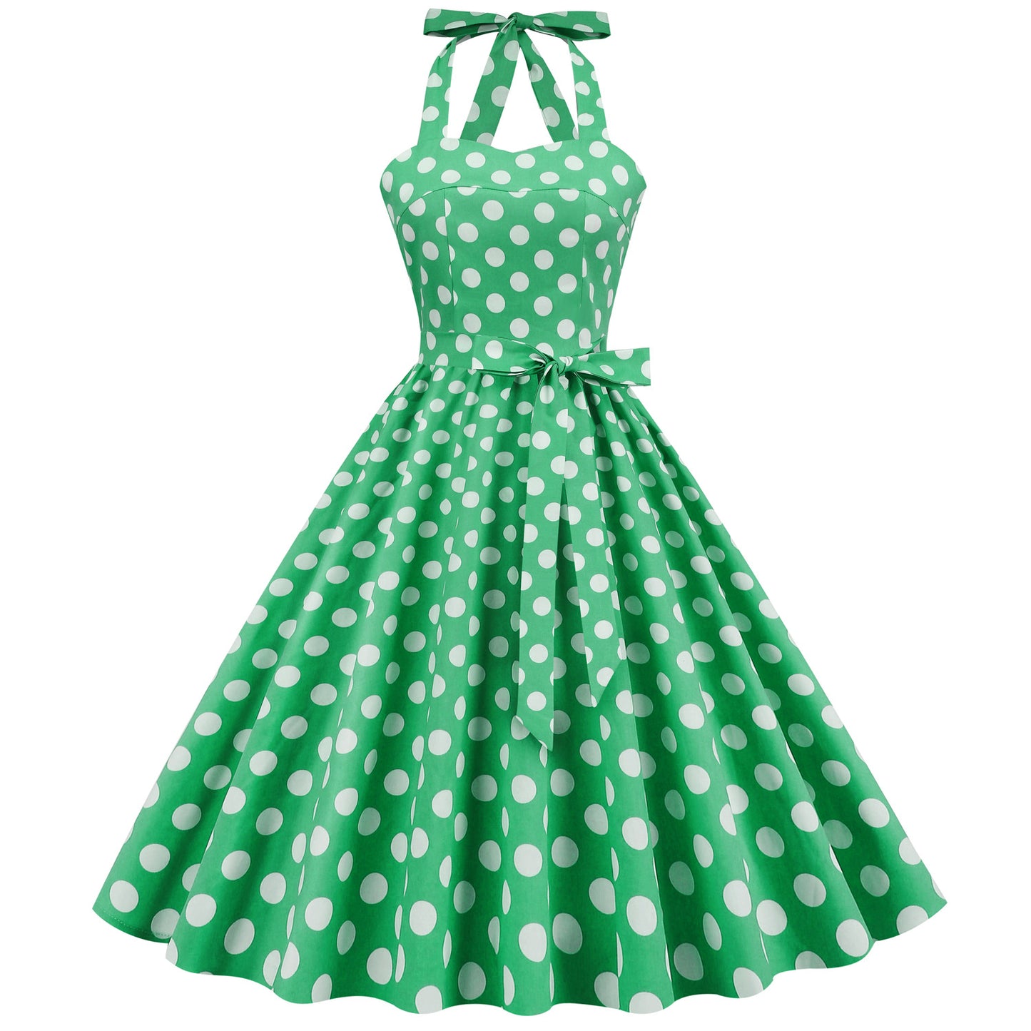 Vintage Polka Dot Halter Dress with Lace-Up Detail and Puff Sleeves