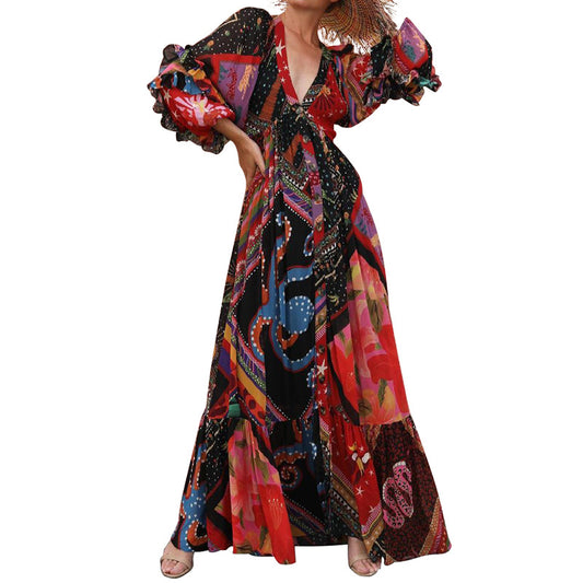 V-Neck Long Sleeve Casual Dress with Bohemian Print