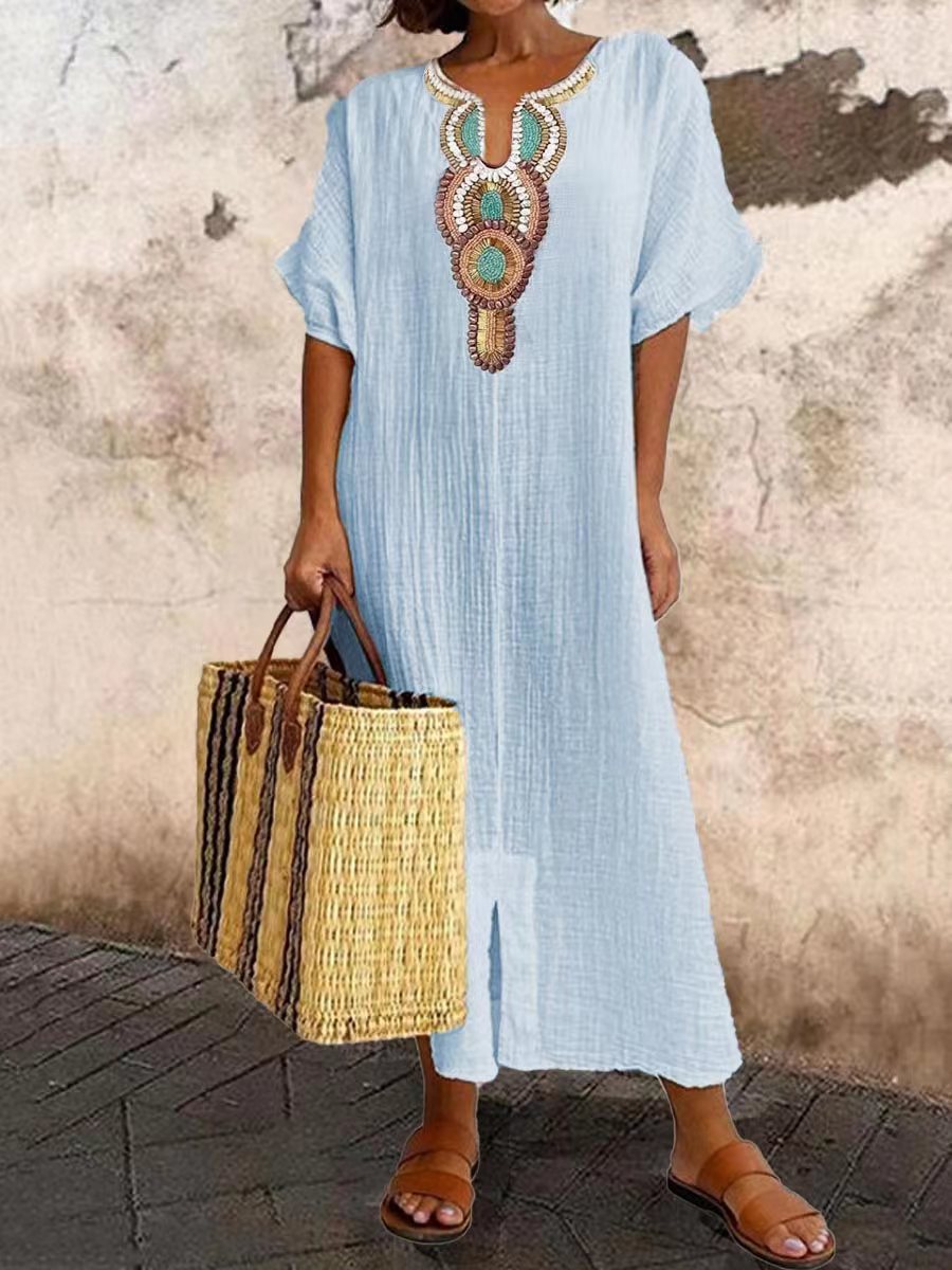 Women's Regular Sleeve Cotton Linen Split Dress