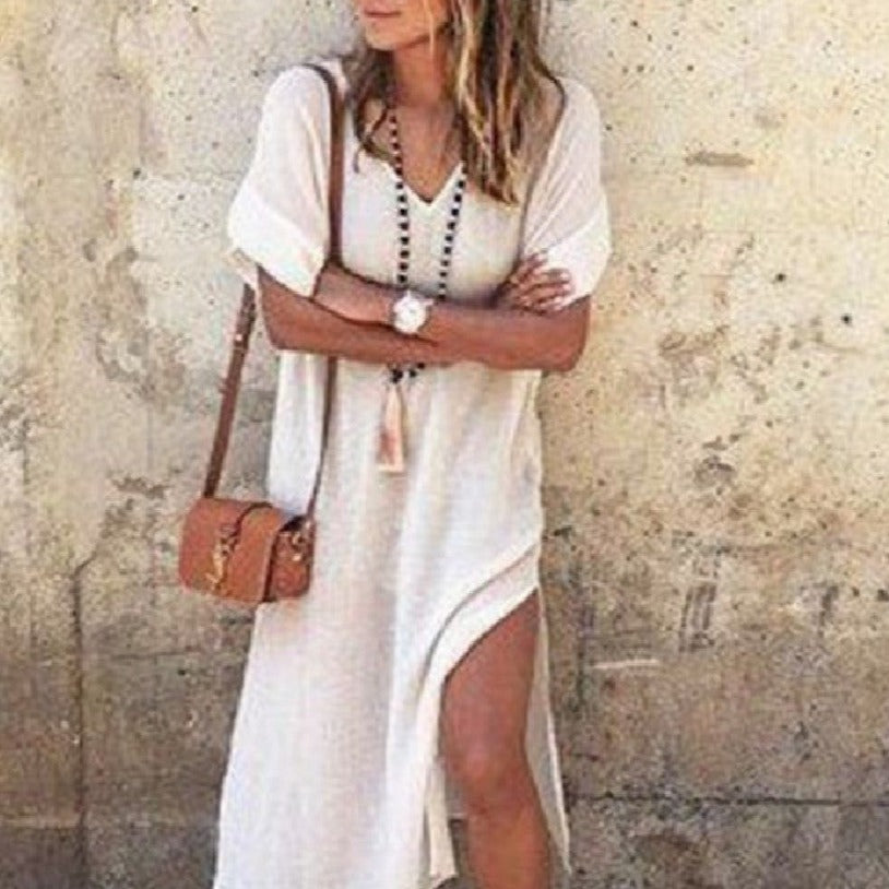 Fashion Solid Cotton And Linen Dress