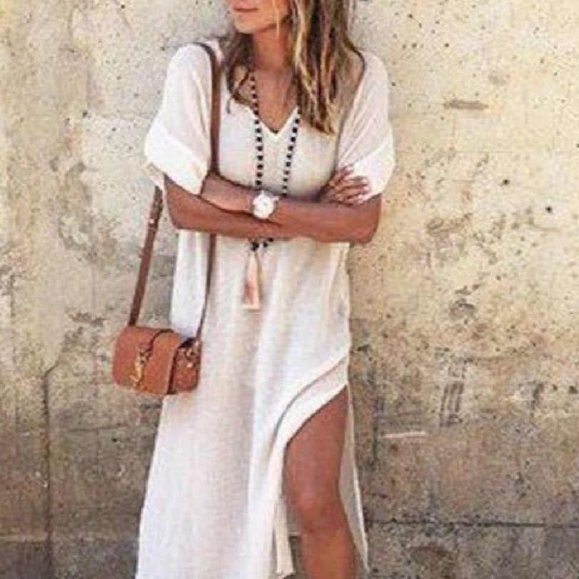 Fashion Solid Cotton And Linen Dress