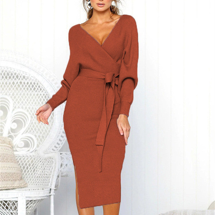 Women's Sexy V-neck Tie Long-sleeved Dress