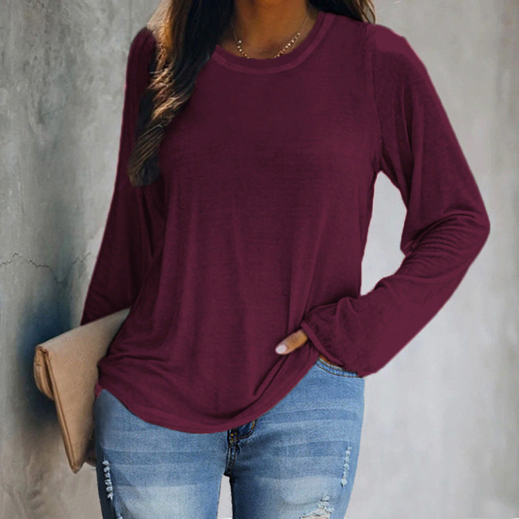 Round Neck Long-Sleeved T-Shirt with Casual Solid Color Hem