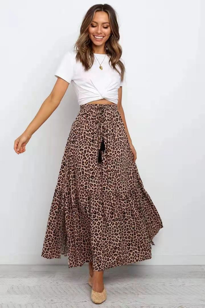 New Cotton Elastic High Waist Brown Leopard Print Large Skirt