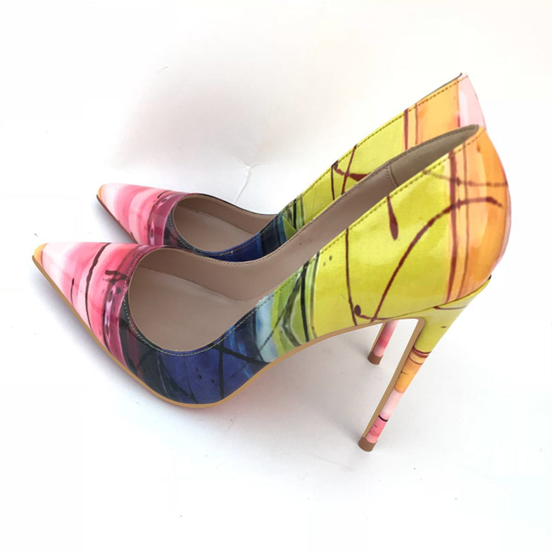 Yellow High Heels Women's Pointed Toe Stiletto Heels Colorblock Low-cut Pumps Tide