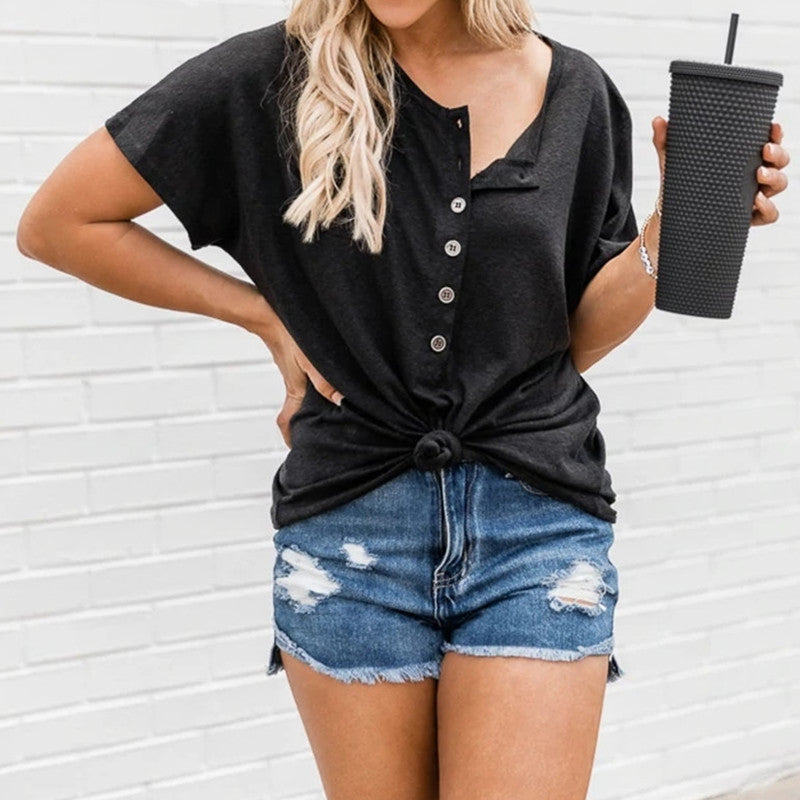 Irregular Hem Button Short-Sleeved T-Shirt for Fashionable Women