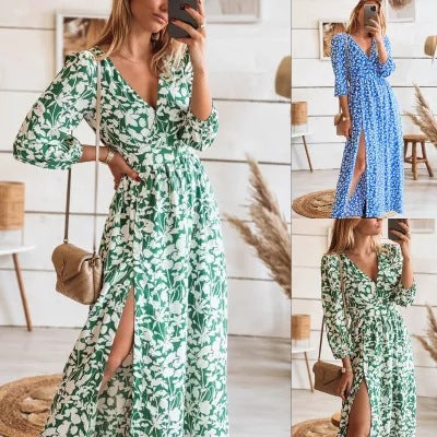 A-Line Chiffon Dress with Long Slit and Printed Design