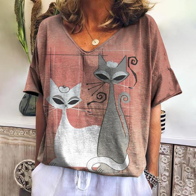 New Ladies T-Shirts Summer Short Sleeve Tops Kitten Graphics