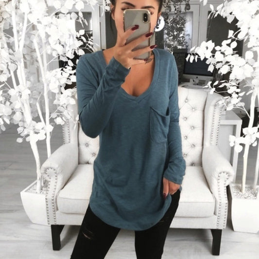 Fall Deep V-Neck Long-Sleeved Loose T-Shirt with Pocket Stitching
