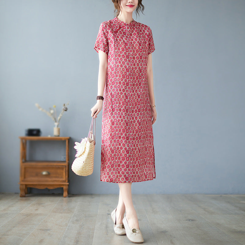 Women's Temperament Fashion Standing Collar Retro Print Short-sleeved Long Dress