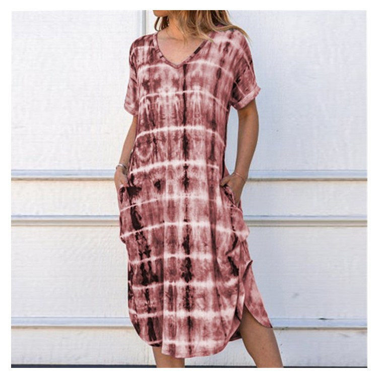 Printed Dress with Slit and a Loose Fit V-Neck Design